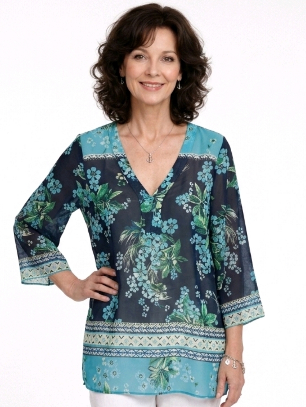 J.Jill Blue & Green Floral Print V-neck Sheer Chiffon Tunic Top Size XL